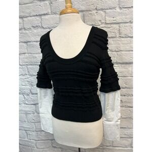 VERONICA BEARD Juni Combo Sleeve Sweater Black Textured Stripe White Sleeves, M